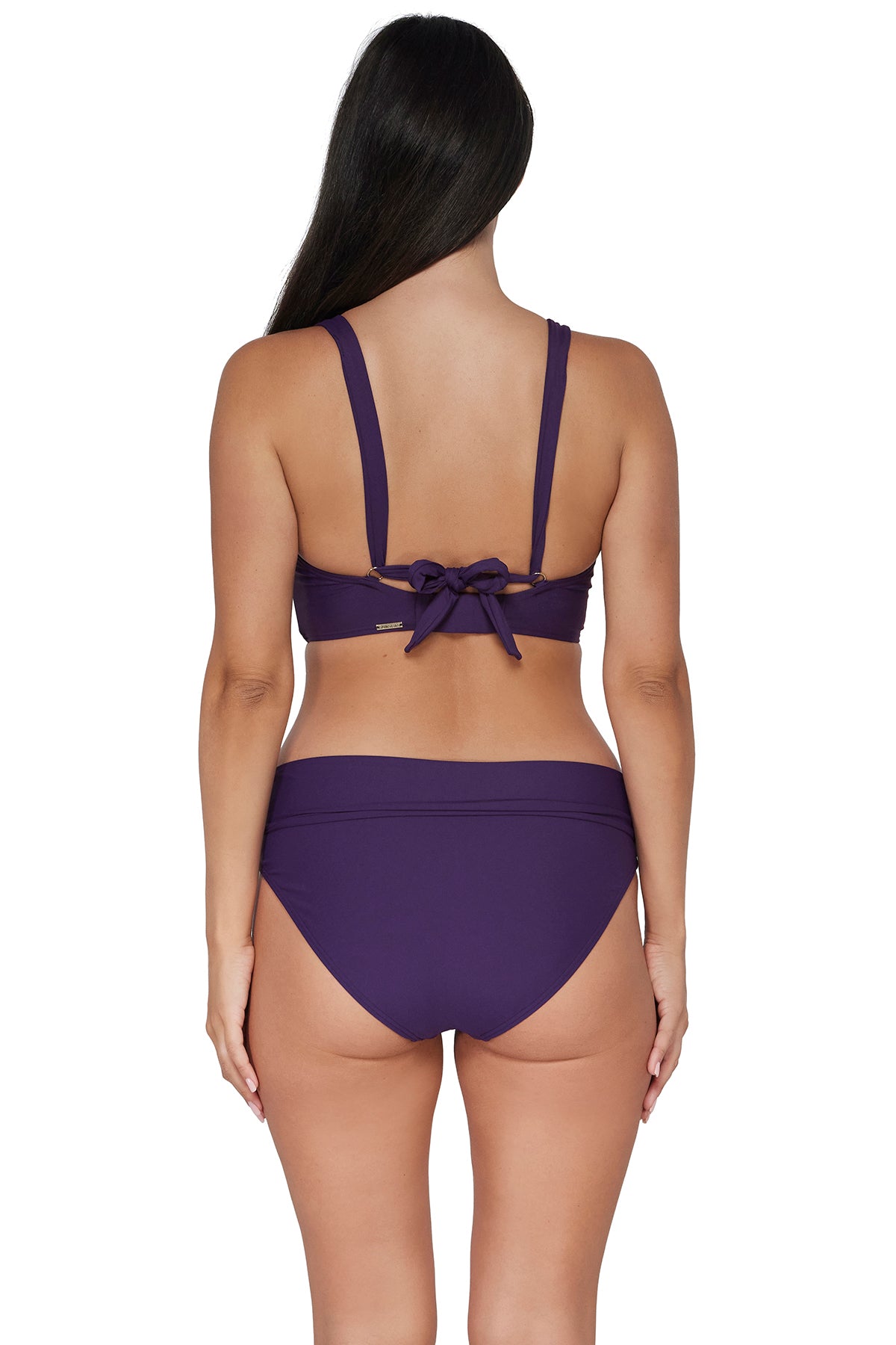 Back pose #1 of Nicki wearing Sunsets Paradise Plum Capri High Waist Bottom showing folded waist paired with matching Vienna V-Wire Bikini Top