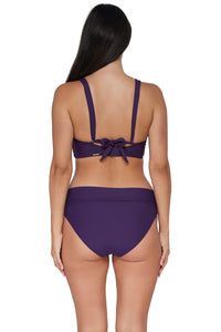 Back pose #1 of Nicki wearing Sunsets Paradise Plum Capri High Waist Bottom showing folded waist paired with matching Vienna V-Wire Bikini Top