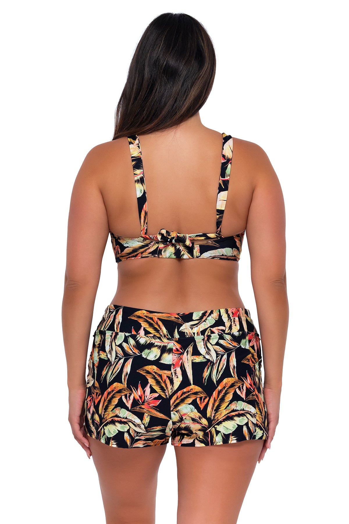Back pose #1 of Nicky wearing Sunsets Retro Retreat Vienna V-Wire Top with matching Laguna Swim Short
