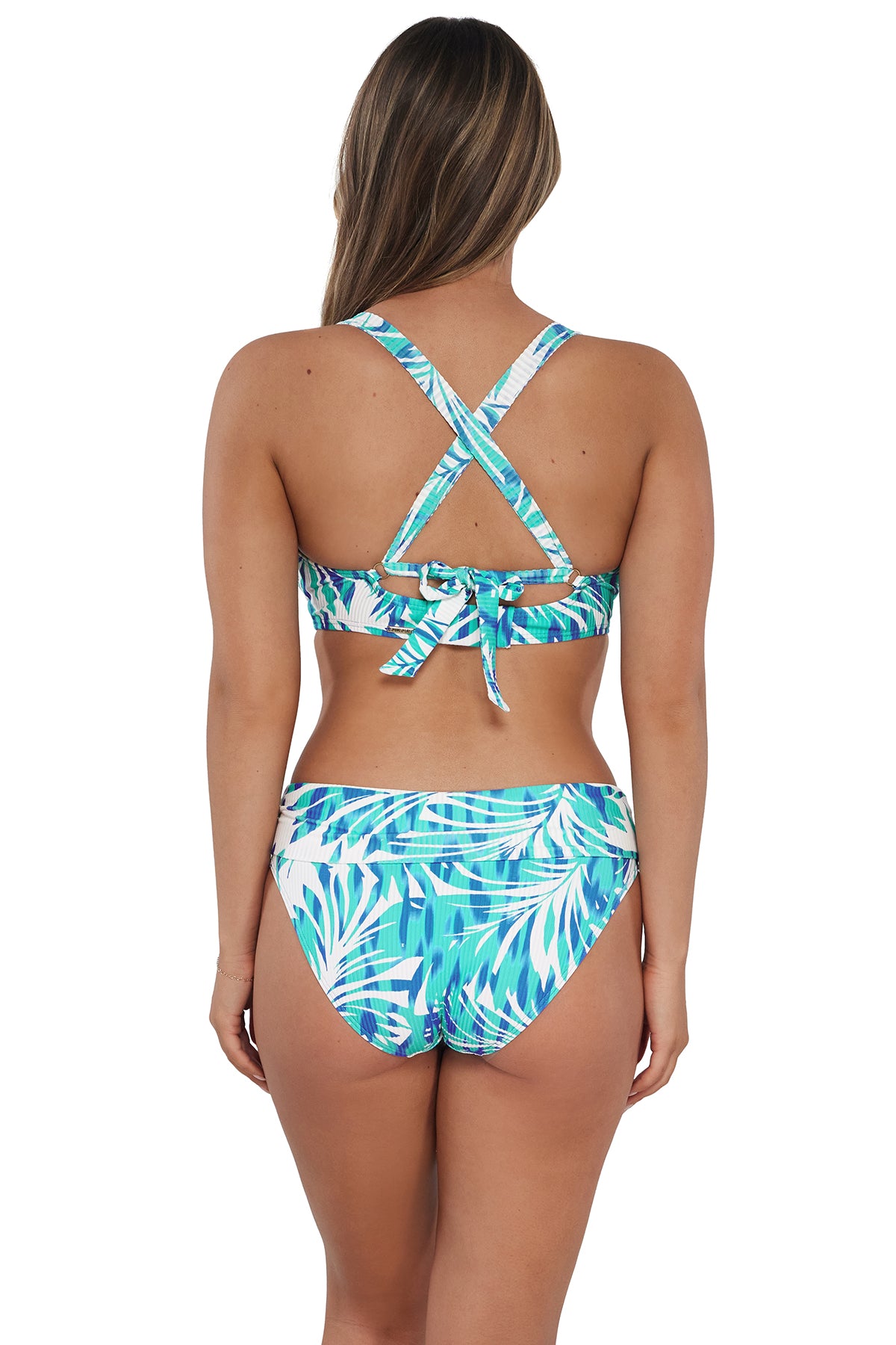 Back pose #1 of Taylor wearing Sunsets Sea Breeze Sandbar Rib Vienna V-Wire Top showing crossback straps