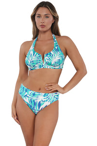 Front pose #1 of Taylor wearing Sunsets Sea Breeze Sandbar Rib Vienna V-Wire Top