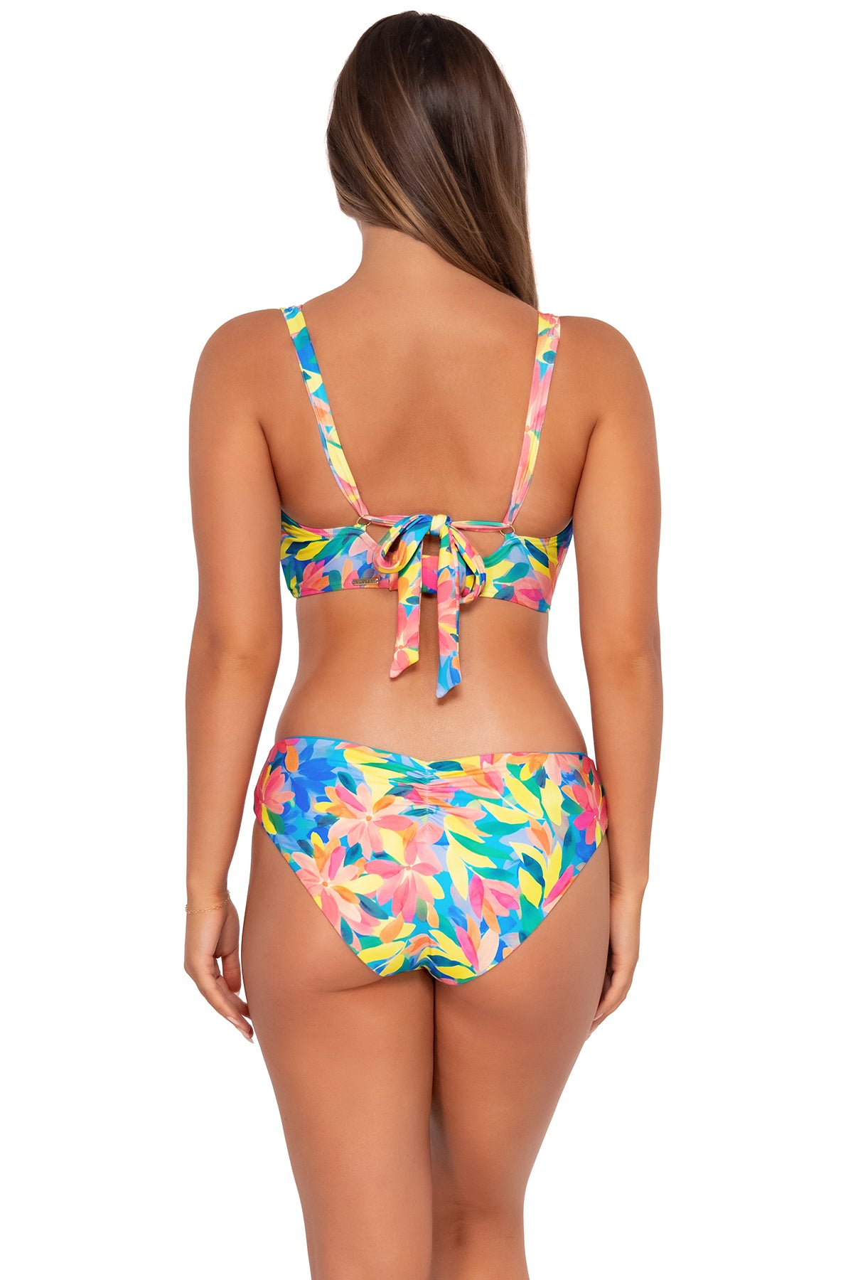 Back pose #1 of Taylor wearing Sunsets Shoreline Petals Vienna V-Wire Top with matching Alana Reversible Hipster bikini bottom