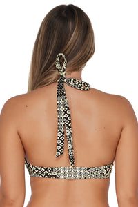 Back pose #1 of Taylor wearing Sunsets Venice Seagrass Texture Vienna V-Wire Top as a halter bikini