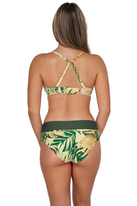 Back pose #1 of Taylor wearing Sunsets Amber Oasis Kauai Keyhole Top showing crossback straps paired with matching Capri High Waist Bottom