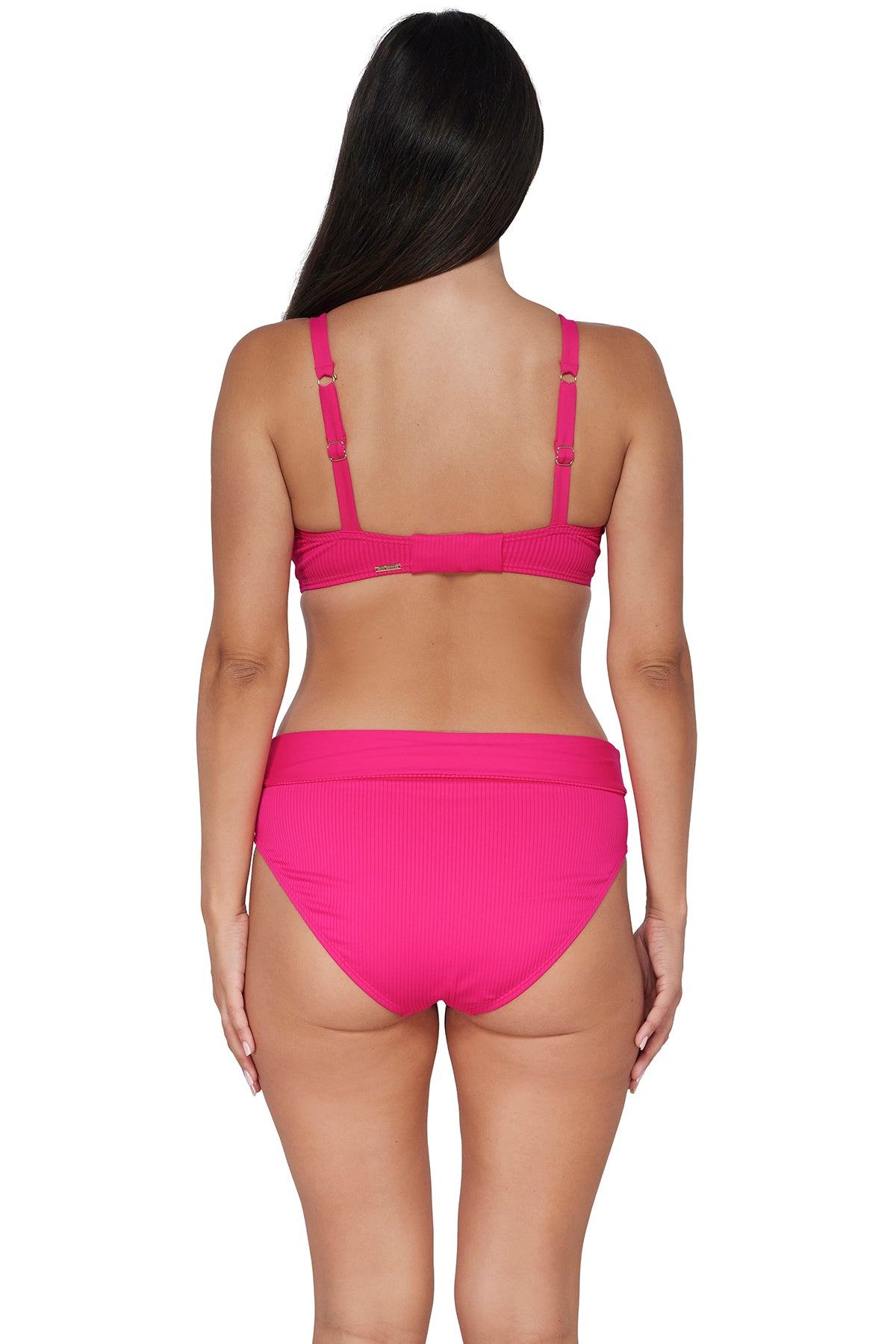 Back pose #1 of Nicki wearing Sunsets Begonia Sandbar Rib Capri High Waist Bottom showing folded waist paired with matching Kauai Keyhole Bikini Top