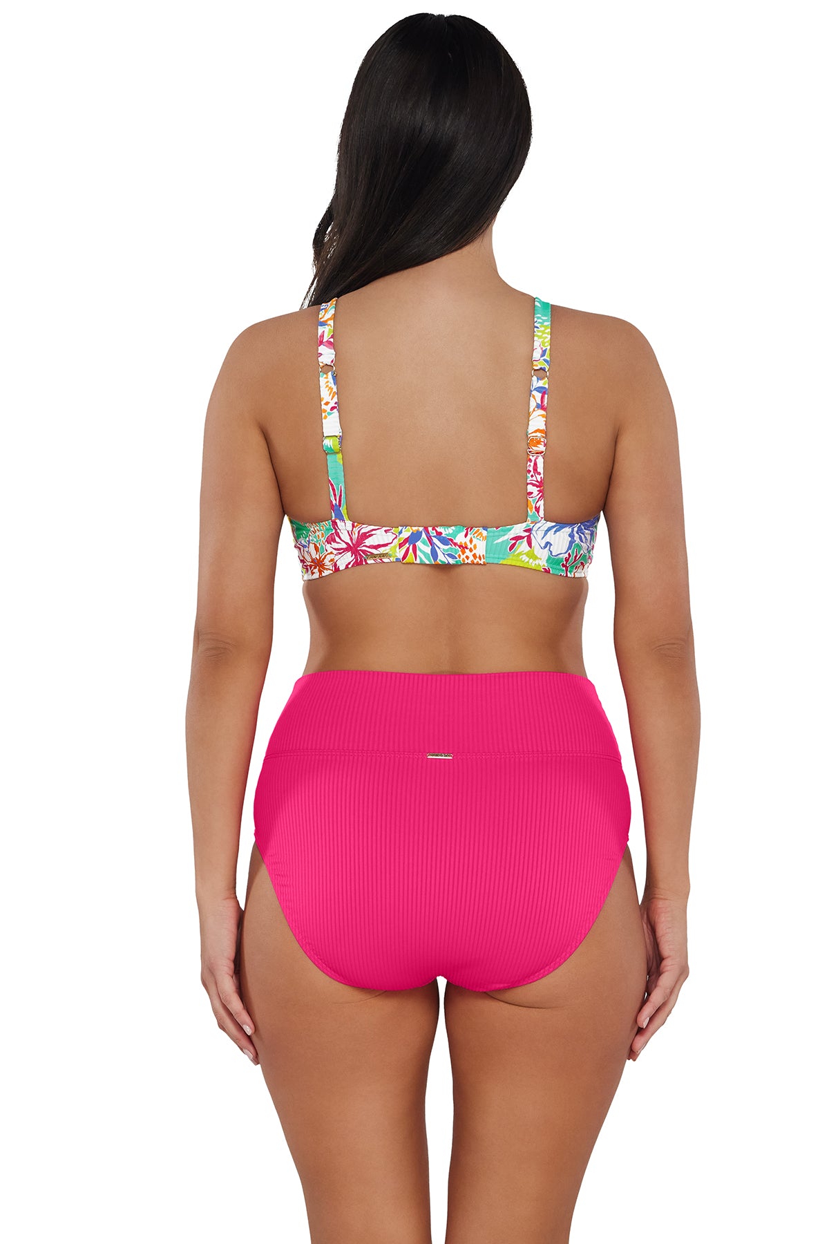 Back pose #1 of Nicki wearing Sunsets Botanical Bliss Sandbar Rib Kauai Keyhole Top