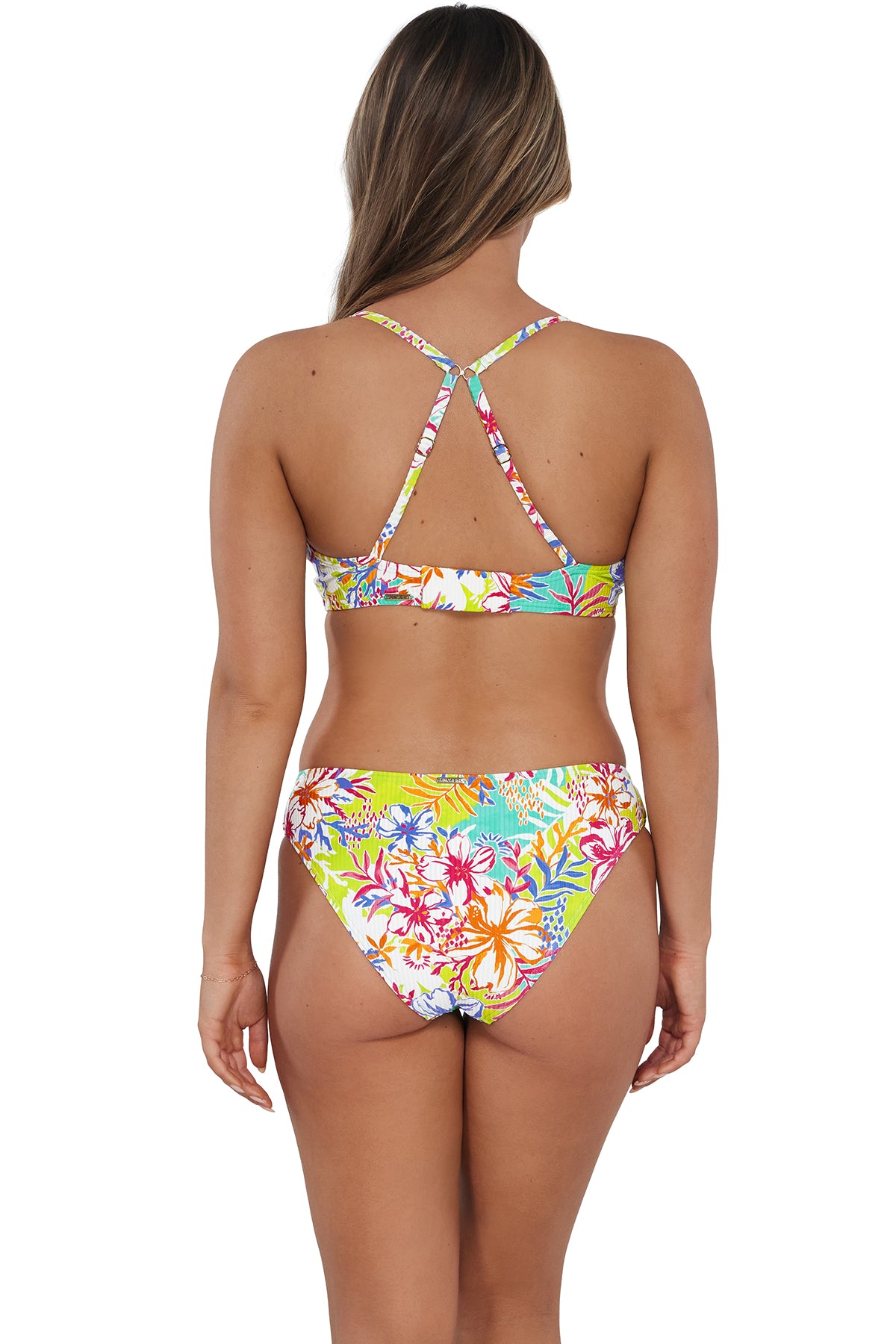 Back pose #1 of Taylor wearing Sunsets Botanical Bliss Sandbar Rib Kauai Keyhole Top showing crossback straps