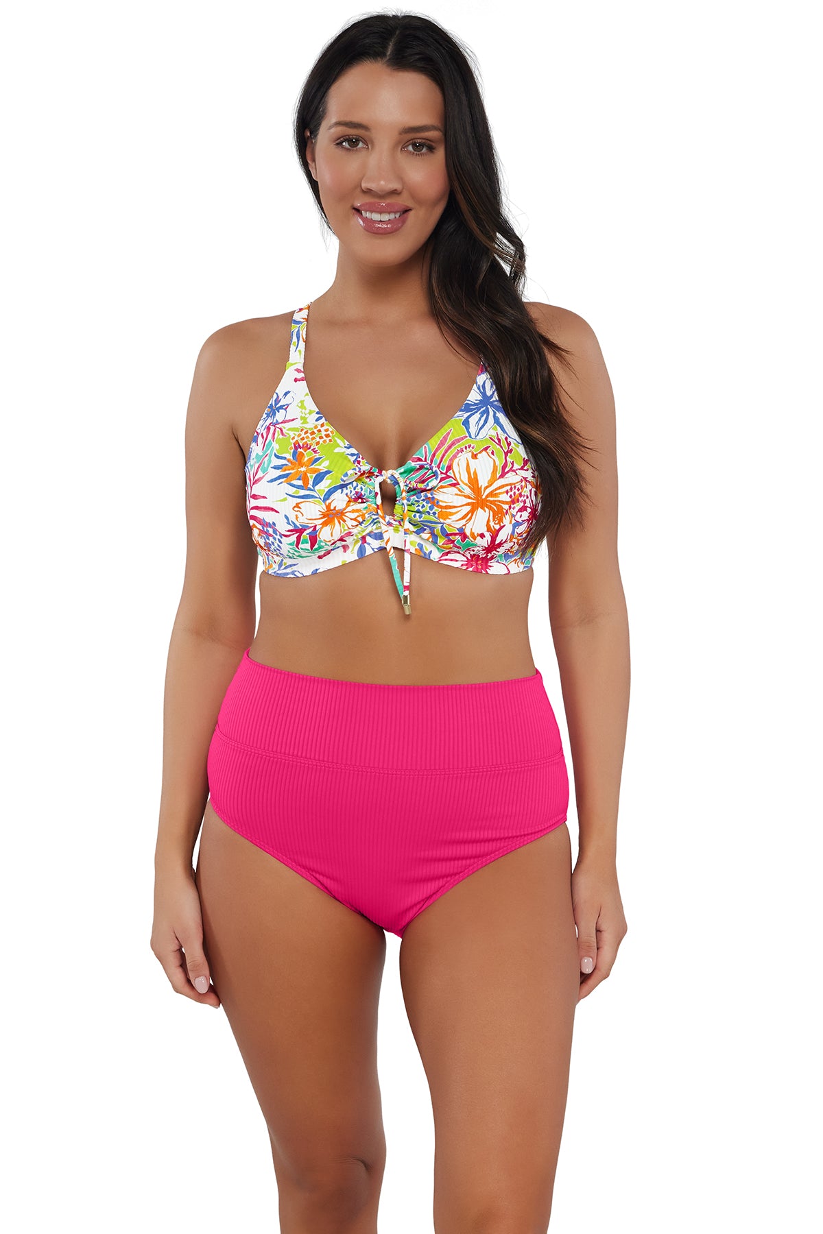 Front pose #1 of Nicki wearing Sunsets Botanical Bliss Sandbar Rib Kauai Keyhole Top