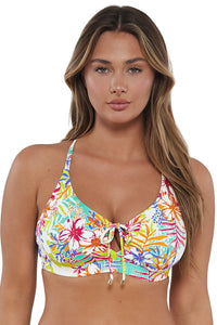 Front pose #1 of Taylor wearing Sunsets Botanical Bliss Sandbar Rib Kauai Keyhole Top