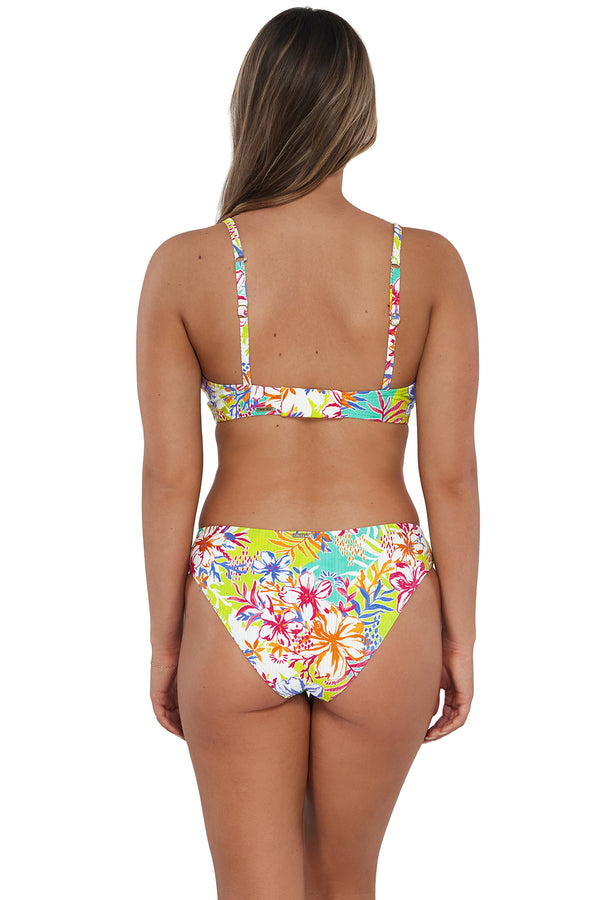 Back pose #1 of Taylor wearing Sunsets Botanical Bliss Sandbar Rib Collins Hipster Bottom paired with matching