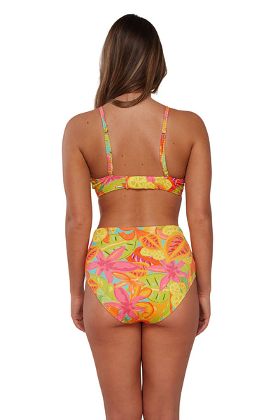 Back pose #1 of Taylor wearing Sunsets Citrus Grove Sandbar Rib Capri High Waist Bottom paired with matching Bikini Top