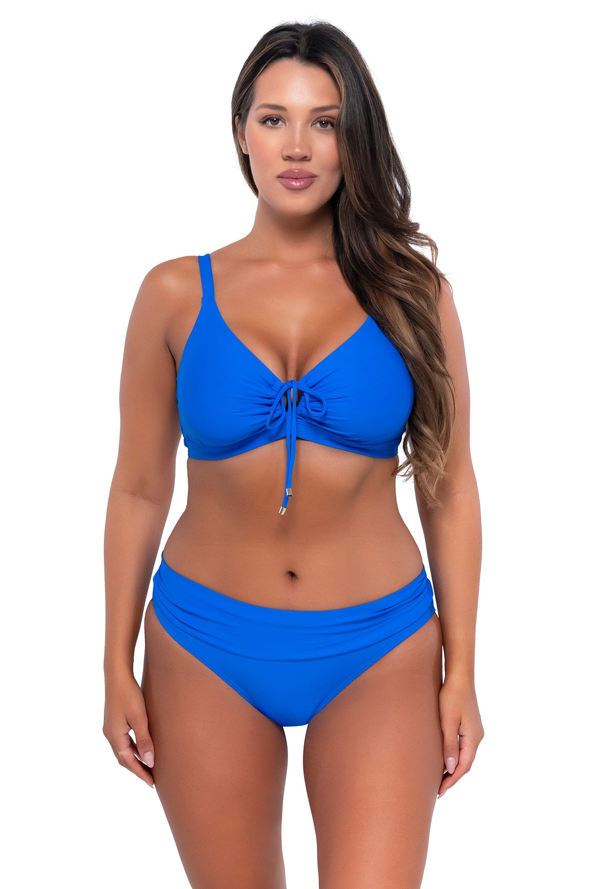 Front pose #1 of Nicky wearing Sunsets Electric Blue Unforgettable Bottom with matching Kauai Keyhole bikini top
