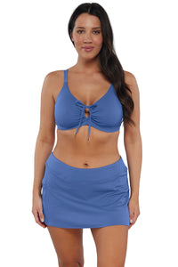 Front pose #1 of Nicki wearing Sunsets Harbor Blue Sandbar Rib Kauai Keyhole Top