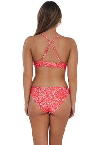 Back pose #1 of Taylor wearing Sunsets Majorca Kauai Keyhole Top showing crossback straps