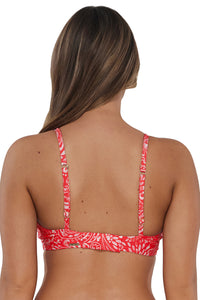 Back pose #1 of Taylor wearing Sunsets Majorca Kauai Keyhole Top