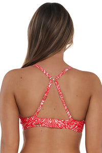 Back pose #1 of Taylor wearing Sunsets Majorca Kauai Keyhole Top showing crossback straps