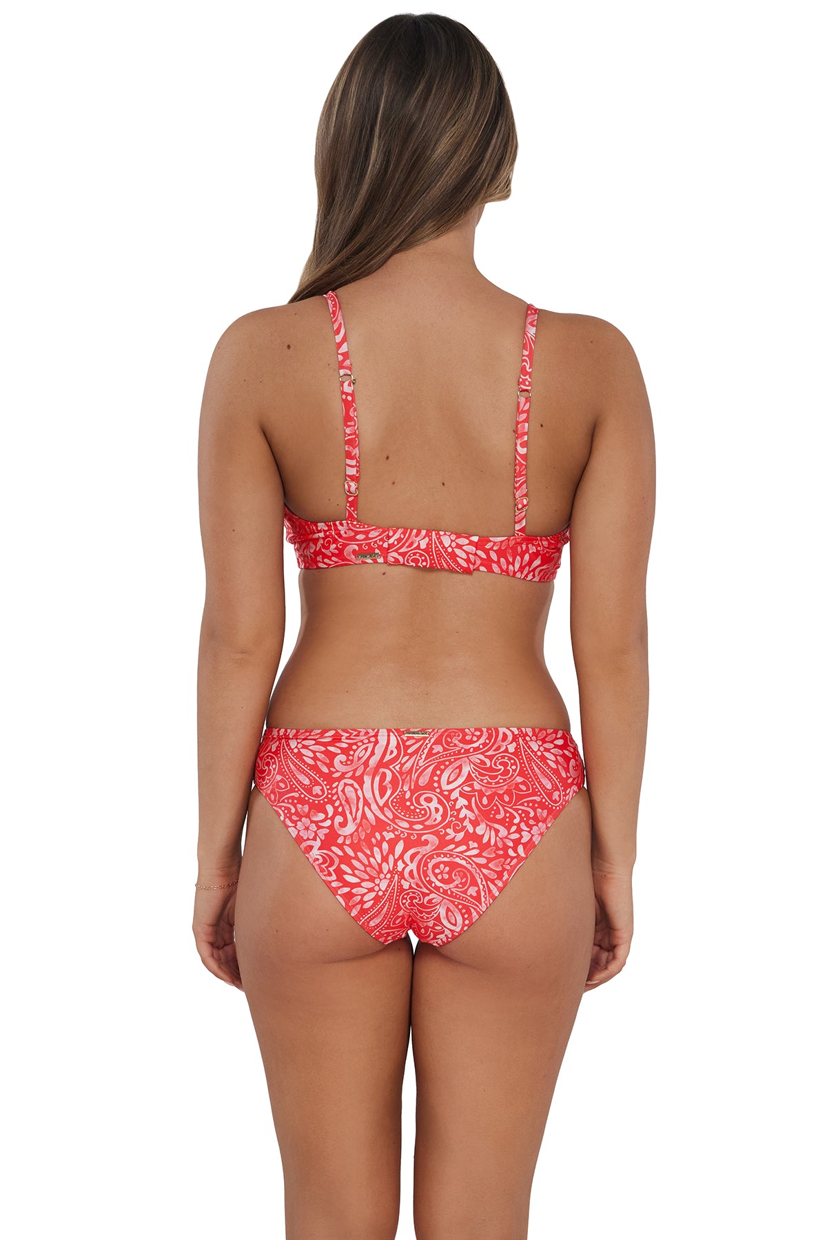 Back pose #1 of Taylor wearing Sunsets Majorca Collins Hipster Bottom paired with matching Kauai Keyhole Bikini Top