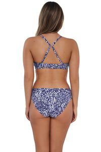 Back pose #1 of Taylor wearing Sunsets Marina Kauai Keyhole Top showing crossback straps