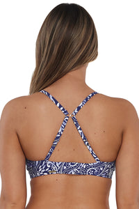 Back pose #2 of Taylor wearing Sunsets Marina Kauai Keyhole Top showing crossback straps