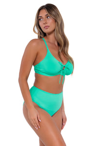 Side pose #1 of Taylor wearing Sunsets Mint High Road Bottom with matching Kauai Keyhole bikini top