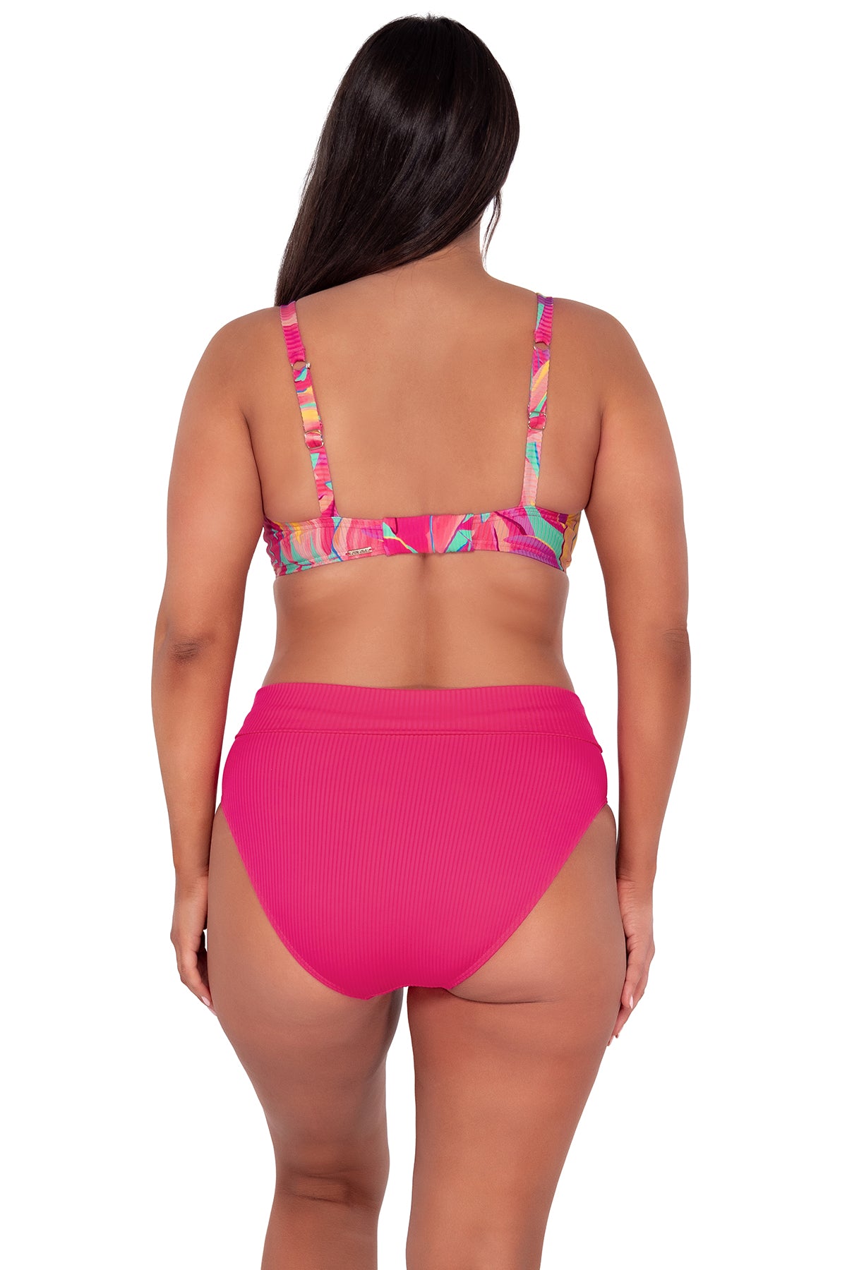 Back pose #1 of Nicki wearing Sunsets Oasis Sandbar Rib Kauai Keyhole Top paired with Hannah High Waist bikini bottom showing folded waist