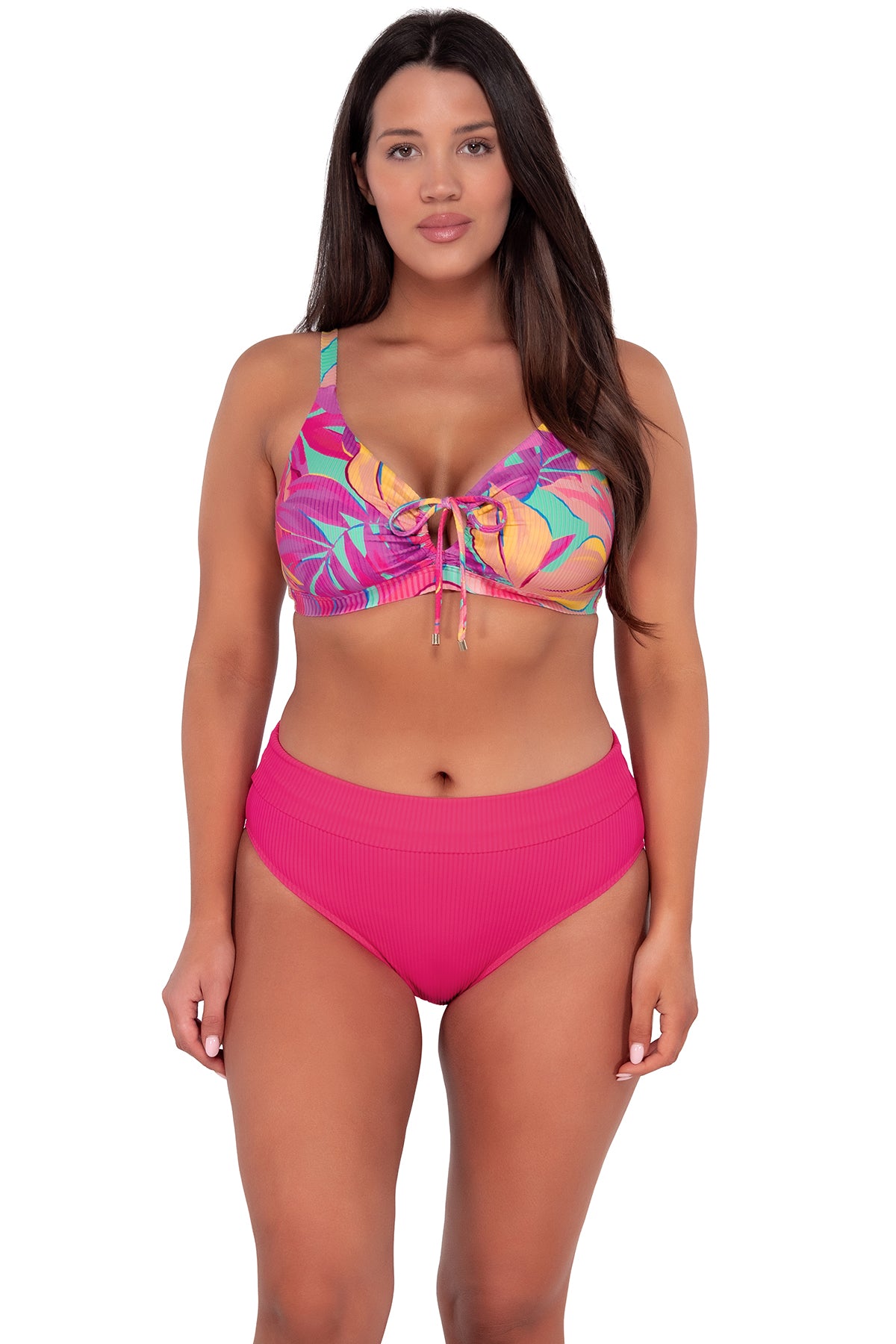 Front pose #1 of Nicki wearing Sunsets Oasis Sandbar Rib Kauai Keyhole Top paired with Hannah High Waist bikini bottom showing folded waist