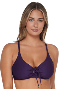 Front pose #2 of Taylor wearing Sunsets Paradise Plum Kauai Keyhole Top