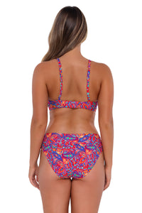 Back pose #1 of Taylor wearing Sunsets Rue Paisley Hannah High Waist Bottom showing folded waist with matching Kauai Keyhole bikini top