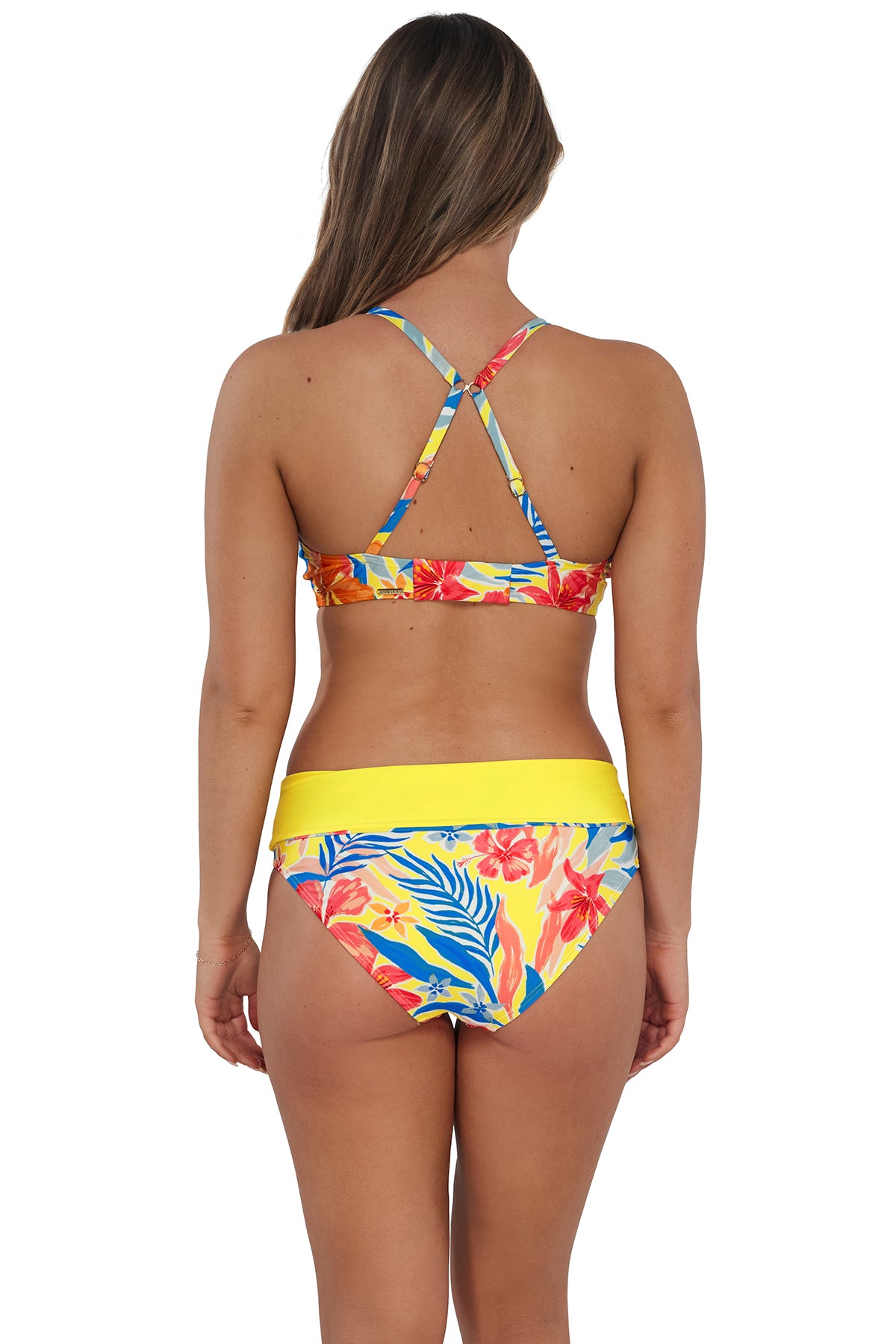 Back pose #1 of Taylor wearing Sunsets Suncatcher Kauai Keyhole Top showing crossback straps paired with matching Capri High Waist Bottom