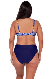 Back pose #1 of Nicki wearing Sunsets Tulum Kauai Keyhole Top paired with Hannah High Waist bikini bottom showing folded waist