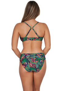 Back pose #1 of Taylor wearing Sunsets Welcome To Rio Kauai Keyhole Top showing crossback straps paired with matching Hannah High Waist Bottom showing folded waist