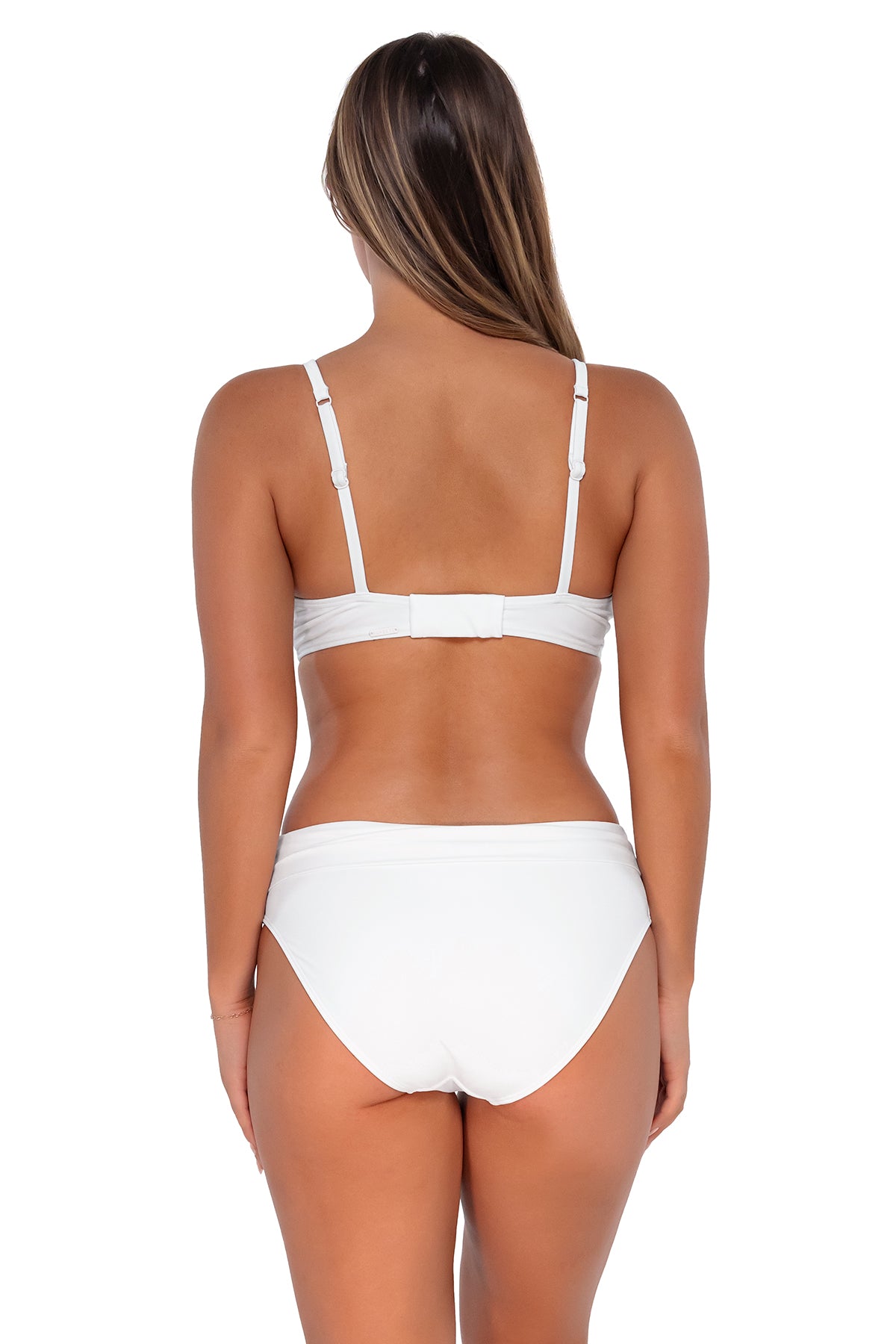 Back pose #1 of Taylor wearing Sunsets White Lily Kauai Keyhole Top with matching Hannah High Waist bikini bottom showing folded waist