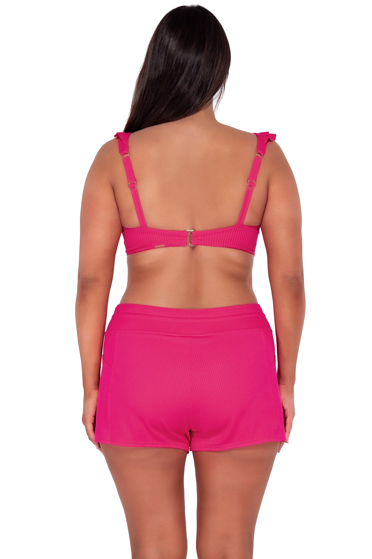Back pose #1 of Nicki wearing Sunsets Begonia Sandbar Rib Willa Wireless Top paired with Laguna Swim Short women's casual wear