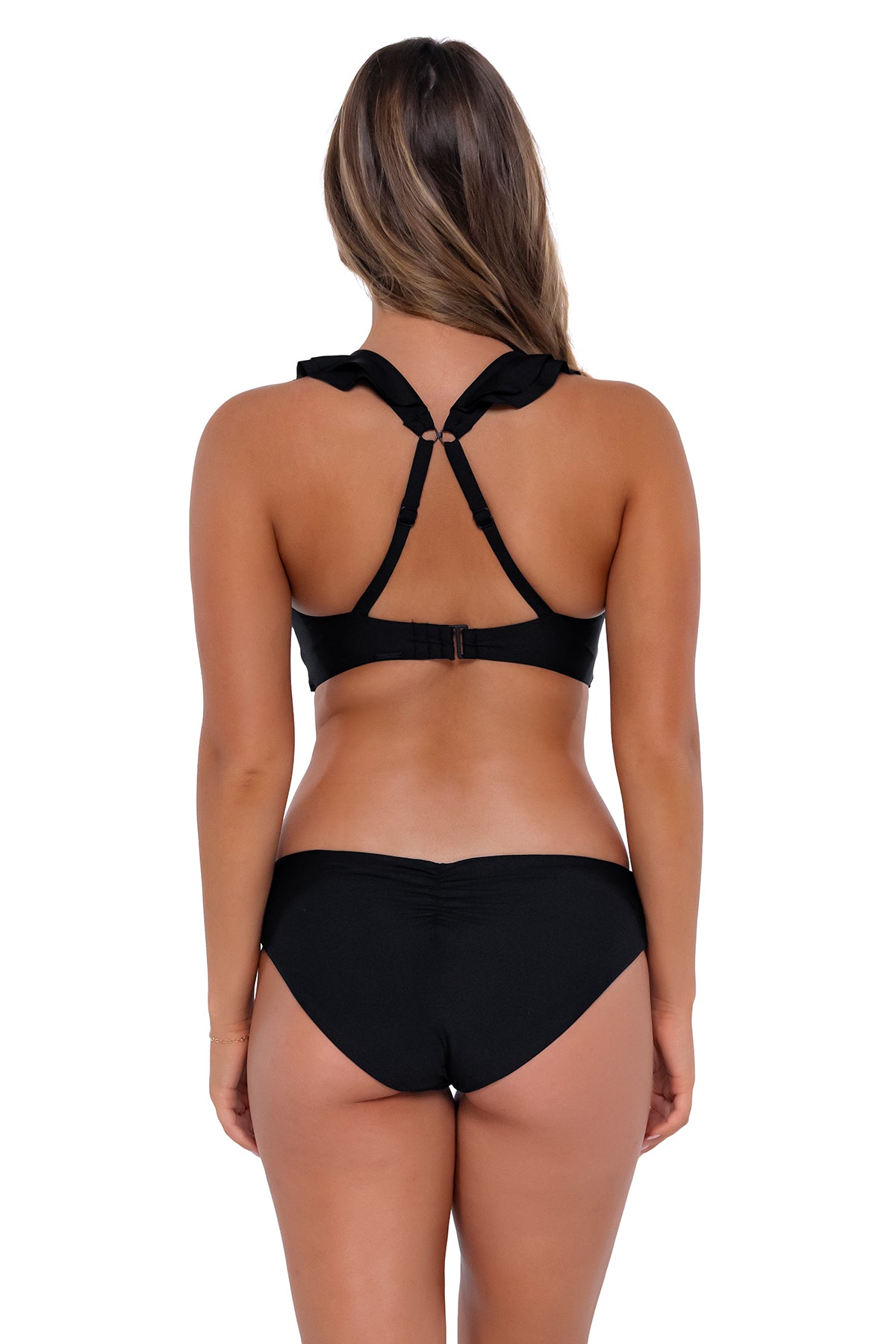 Back pose #1 of Taylor wearing Sunsets Black Willa Wireless Top showing crossback straps with matching Alana Reversible Hipster bikini bottom