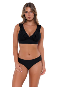 Front pose #1 of Taylor wearing Sunsets Black Willa Wireless Top with matching Alana Reversible Hipster bikini bottom
