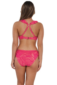 Back pose #1 of Taylor wearing Sunsets Blushing Palms Sandbar Rib Unforgettable Bottom paired with matching