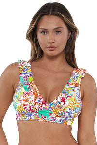 Front pose #1 of Taylor wearing Sunsets Botanical Bliss Sandbar Rib Willa Wireless Top