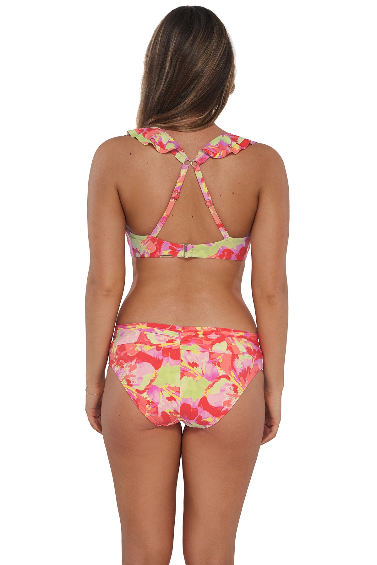 Back pose #1 of Taylor wearing Sunsets Butterfly Beach Willa Wireless Top showing crossback straps paired with matching Unforgettable Bikini Bottom