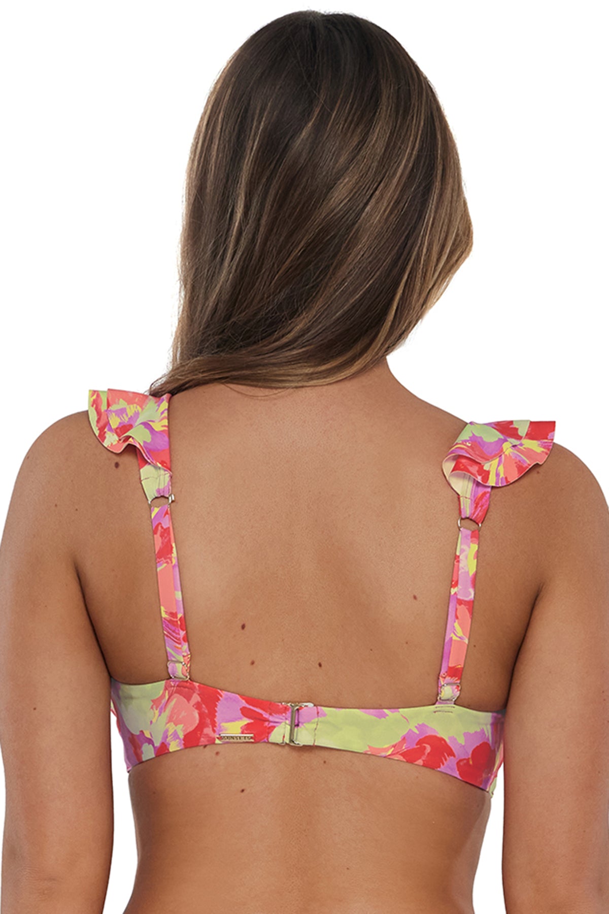 Back pose #1 of Taylor wearing Sunsets Butterfly Beach Willa Wireless Top