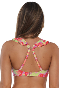 Back pose #1 of Taylor wearing Sunsets Butterfly Beach Willa Wireless Top showing crossback straps