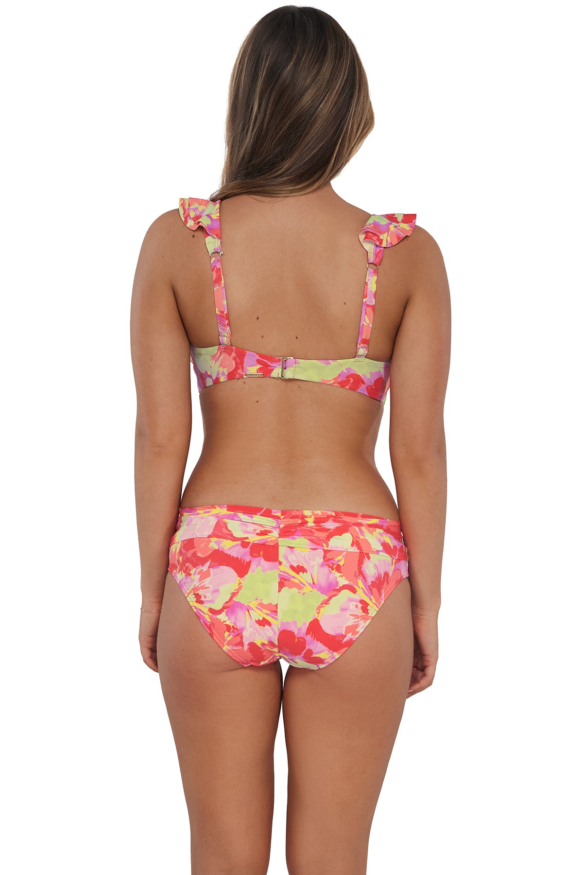 Back pose #1 of Taylor wearing Sunsets Butterfly Beach Unforgettable Bottom paired with matching Willa Wireless Bikini Top