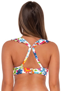Back pose #1 of Taylor wearing Sunsets Camilla Flora Willa Wireless Top showing crossback straps