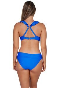 Back pose #1 of Taylor wearing Sunsets Electric Blue Willa Wireless Top showing crossback straps