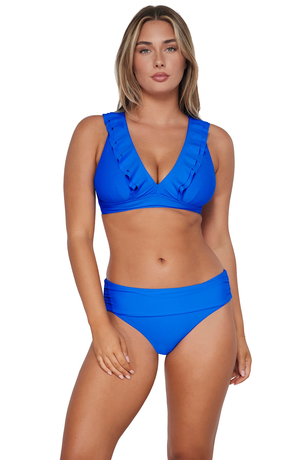 Front pose #1 of Taylor wearing Sunsets Electric Blue Capri High Waist Bottom showing folded waist paired with matching Willa Wireless Bikini Top