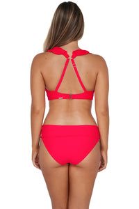 Back pose #1 of Taylor wearing Sunsets Geranium Willa Wireless Top showing crossback straps