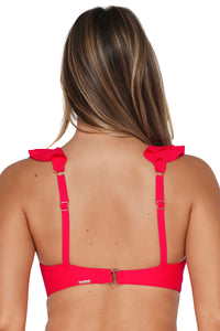 Back pose #1 of Taylor wearing Sunsets Geranium Willa Wireless Top