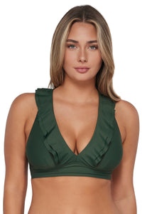 Front pose #3 of Taylor wearing Sunsets Island Green Willa Wireless Top