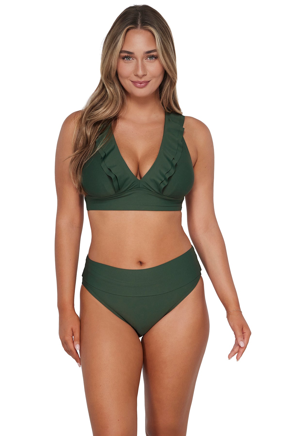 Front pose #2 of Taylor wearing Sunsets Island Green Hannah High Waist Bottom showing folded waist paired with matching Willa Wireless Top