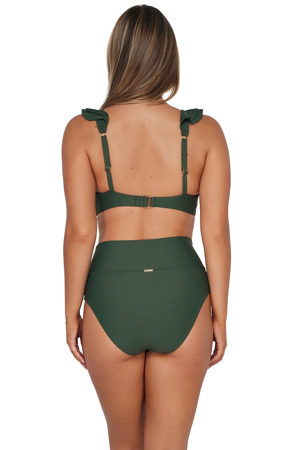 Back pose #1 of Taylor wearing Sunsets Island Green Hannah High Waist Bottom paired with matching Willa Wireless Top