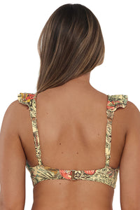 Back pose #1 of Taylor wearing Sunsets Island Spice Willa Wireless Top